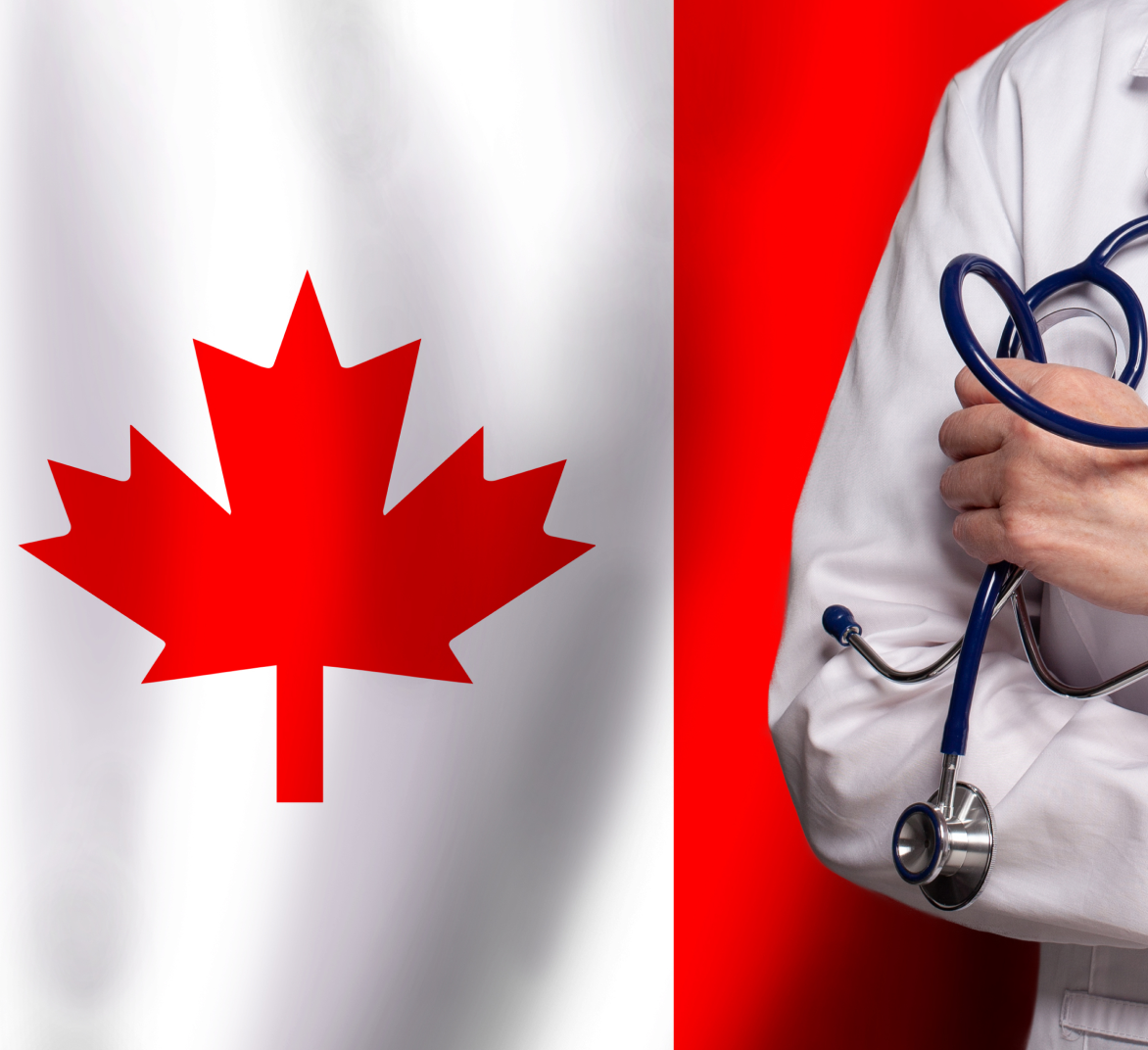 Canadian flag with a person holding a stethoscope